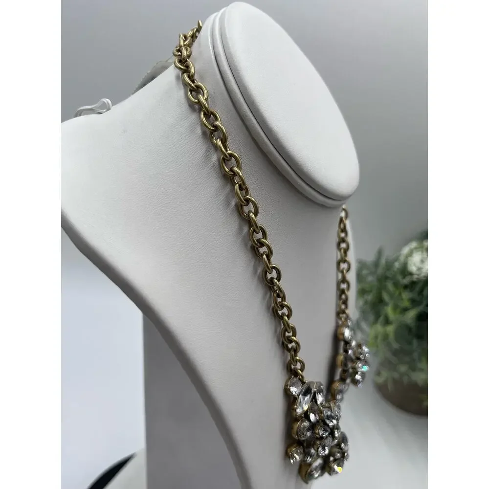J. CREW Signed Crystal Rhinestone Gold Brass Tone Cluster Statement Necklace New